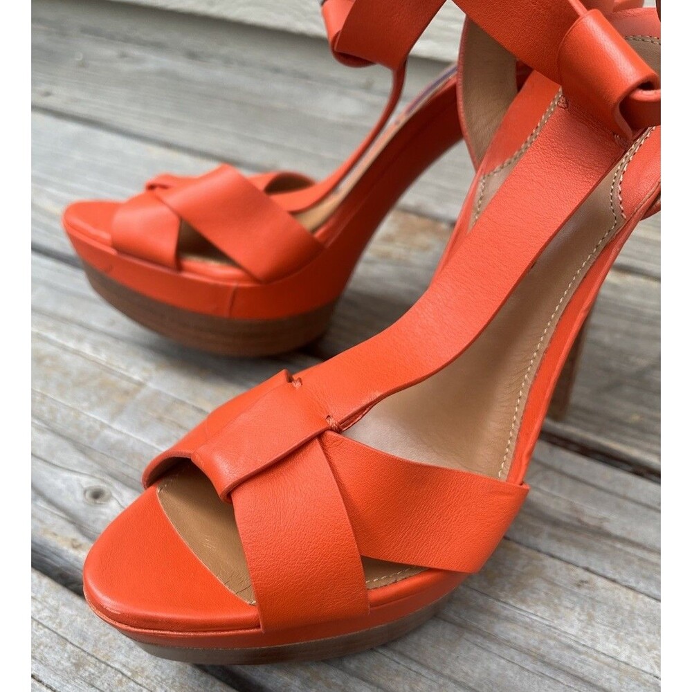 Ralph Lauren Purple Label Women’s 39.5 B Orange Leather 5" Heel Sandals Italy - Picture 7 of 15
